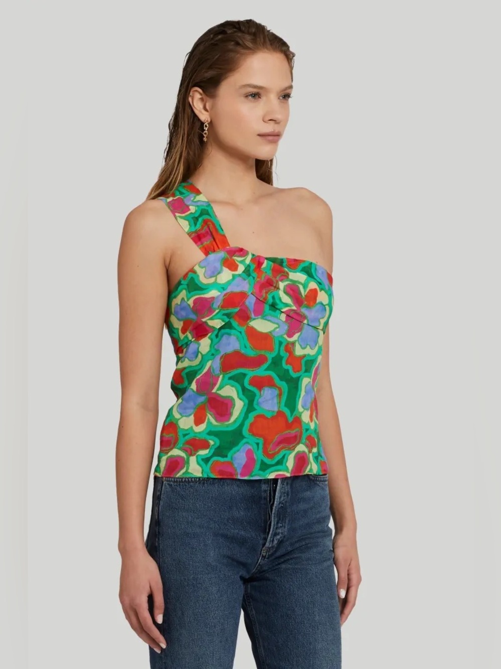 Amanda Uprichard Mallorca One-Shoulder Top in Solara Print, size M